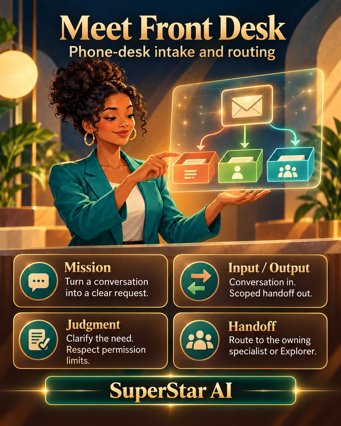 Meet Front Desk. Phone-desk intake and routing. Full portrait card; matching text below.