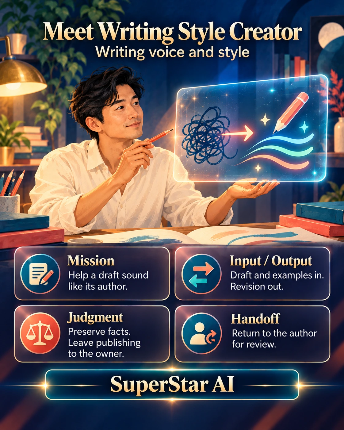 Meet Writing Style Creator. Portrait card.