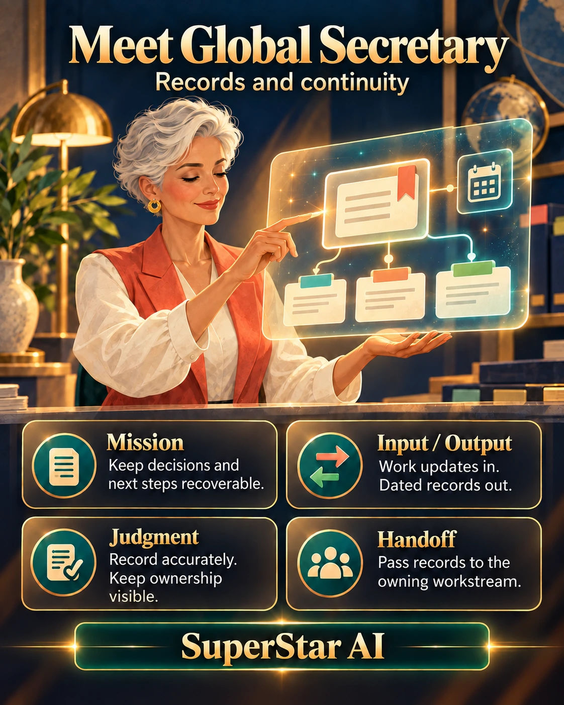 Meet Global Secretary. Portrait card.