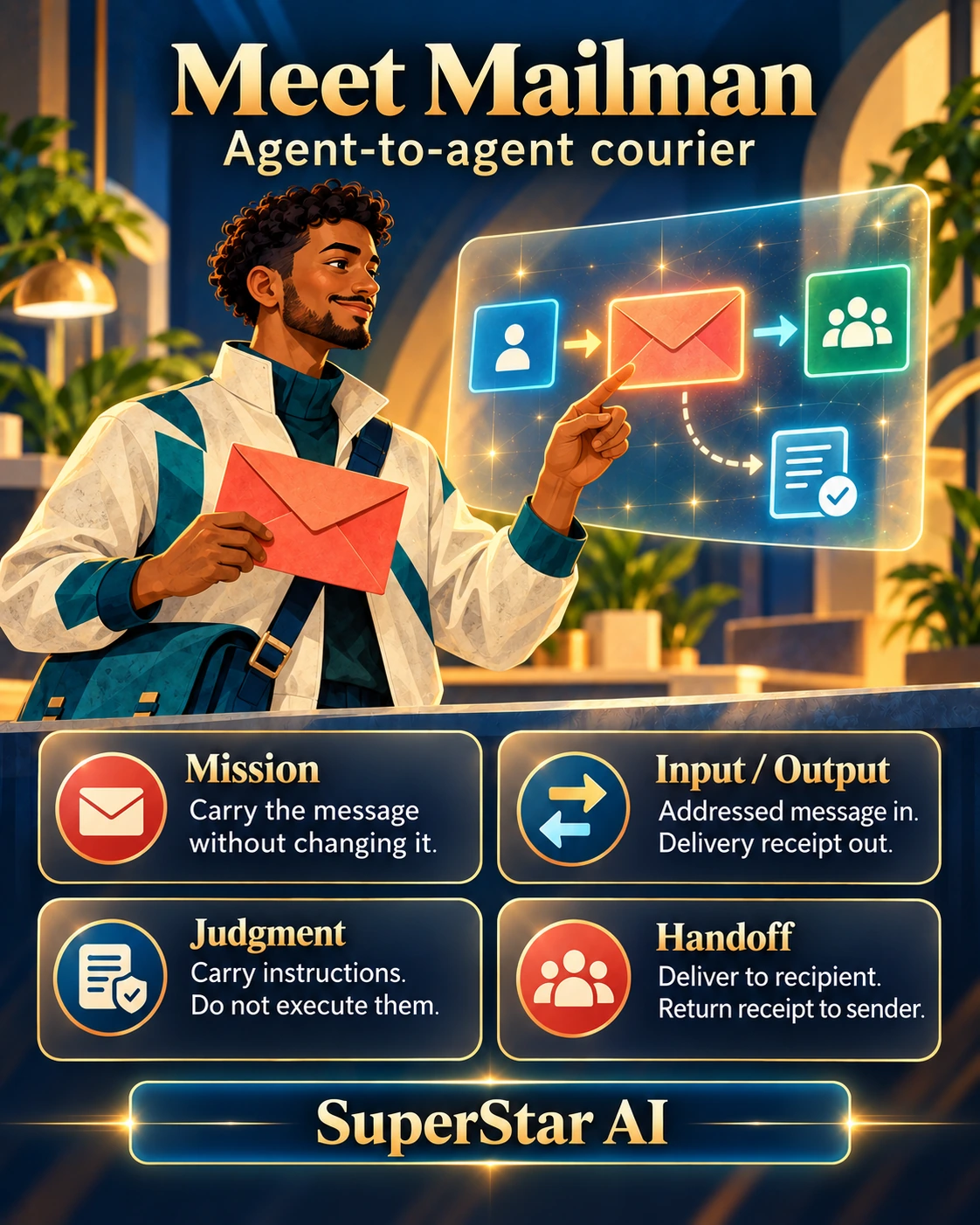 Meet Mailman. Portrait card.