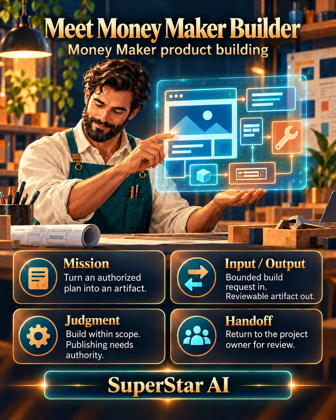 Meet Money Maker Builder. Portrait card.